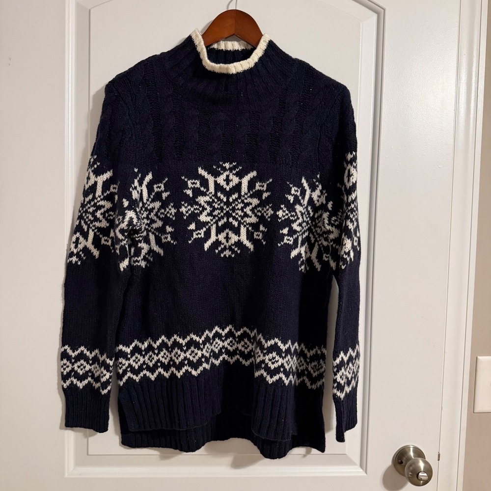 Talbots Navy Blue White Snowflake Cable Knit Mock Neck Sweater Large
